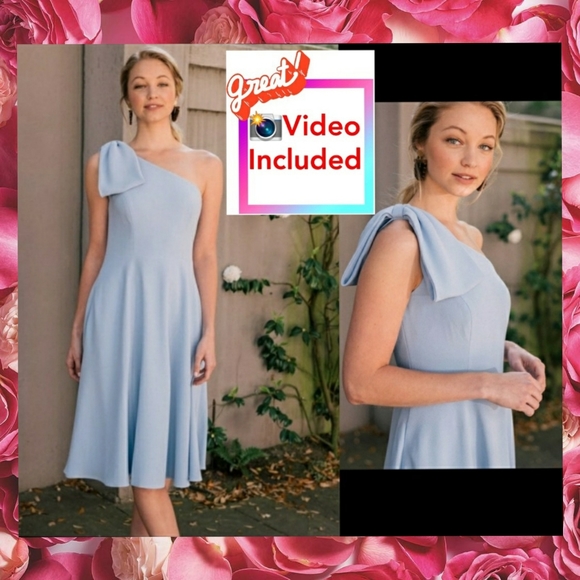 Gal Meets Glam Dresses & Skirts - GAL MEETS GLAM Light Blue A-Line Midi Dress Asymmetrical Neck Bow Fit and Flare